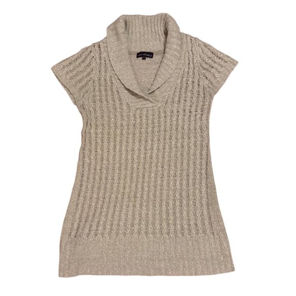 Candy Couture Tunic Womens XL Short Sleeve Cable Knit Sweater Beige Cowl Neck - Picture 1 of 7